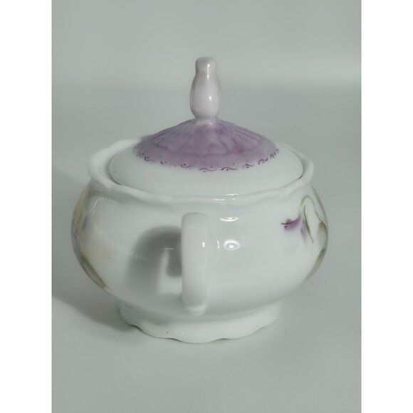 Antique Hand Painted Porcelain Sugar Bowl With Purple Lid & Floral Design - Picture 2 of 12